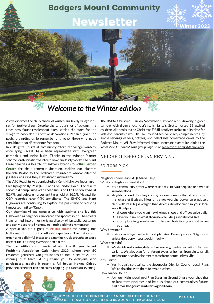 Badgers Mount Community Newsletter Winter edition 2023 now out