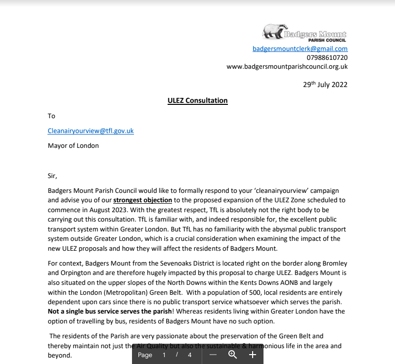 Badgers Mount ULEZ extension consultation response