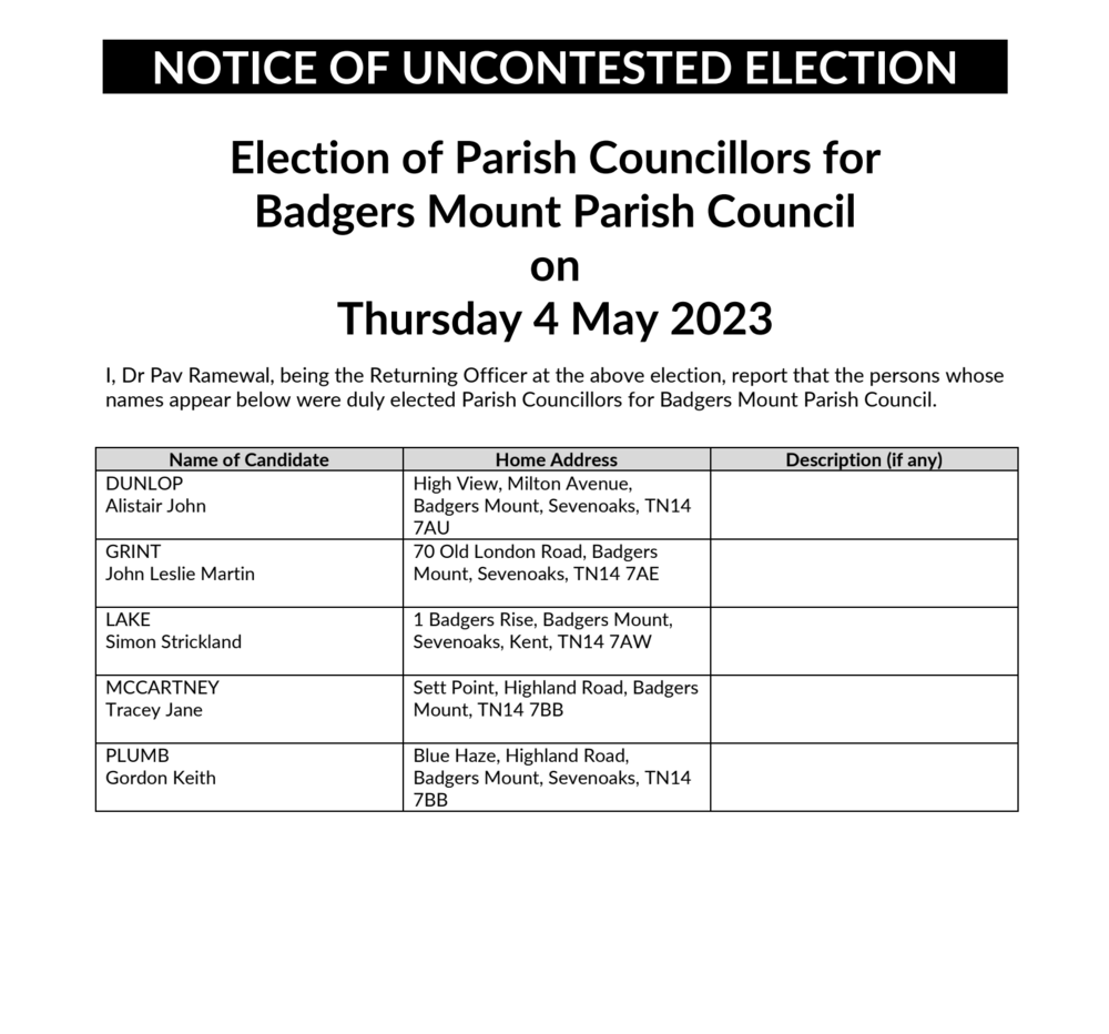 Notice of Uncontested Election for the polls on Thursday 4 May