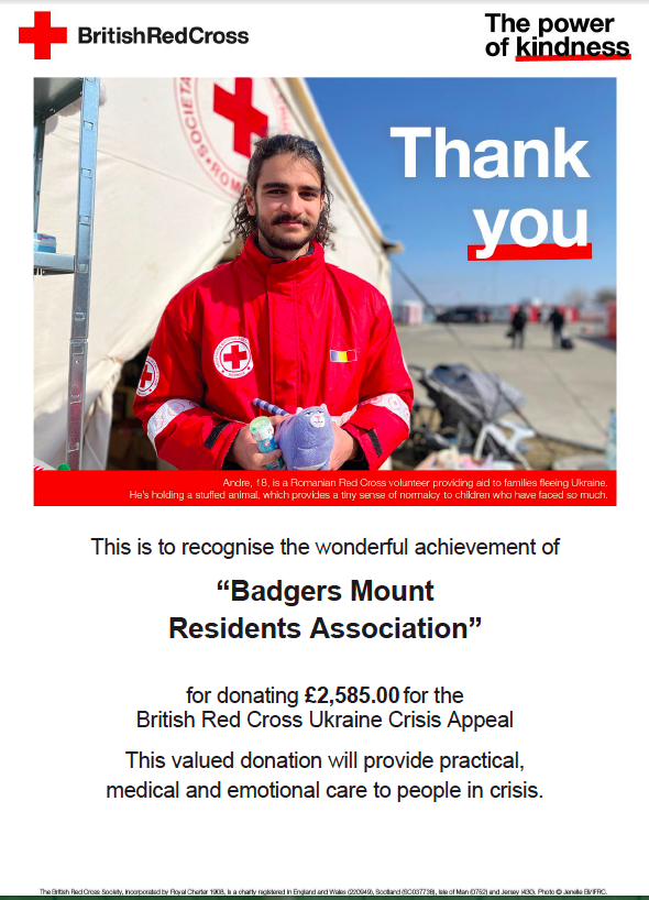 The British Red Cross sends Thank You to Badgers Mount for Ukraine support